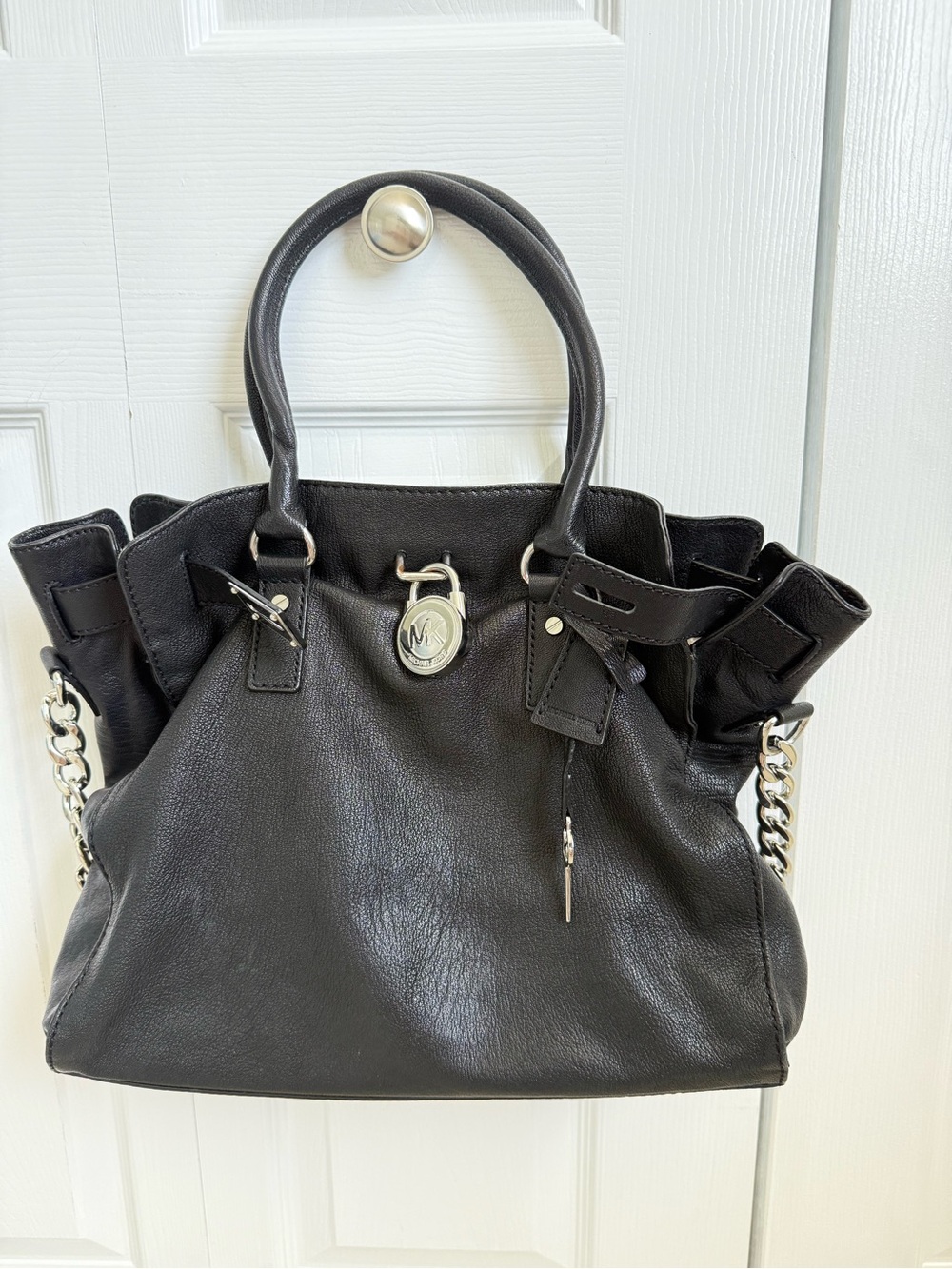 Michael Michael Kors Hamilton Black Leather Satchel | Silver Hardware |